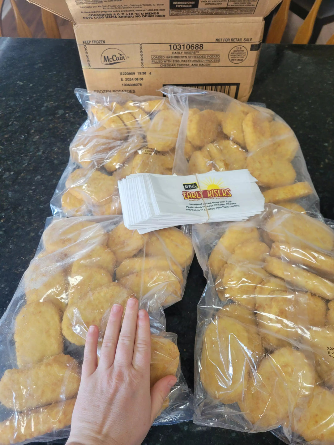 72 Count Bacon,Egg, Cheese Potato Fritters, Hand Held Breakfast