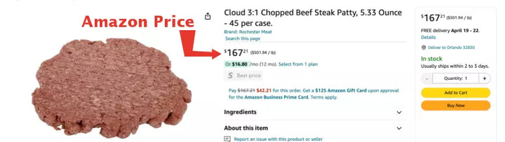 PRICE DROP: 15 lb Case of 1/3 lb The Cloud Burger Patty: Signature Chopped Beef