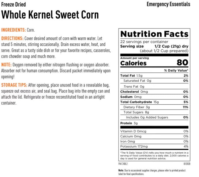 NEW : Freeze Dried Sweet Corn from  Emergency Essentials with 25-Year Shelf Life