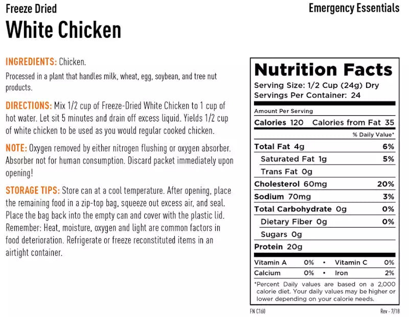Freeze Dried Cooked White Chicken from Emergency Essentials with 25-Year Shelf Life