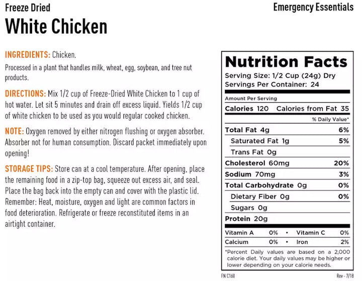 Freeze Dried Cooked White Chicken from Emergency Essentials with 25-Year Shelf Life