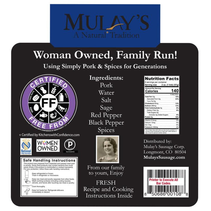 10 lb Case of Mild Italian Clean Heritage Ground Pork Sausage, Free From Top 9 Allergens